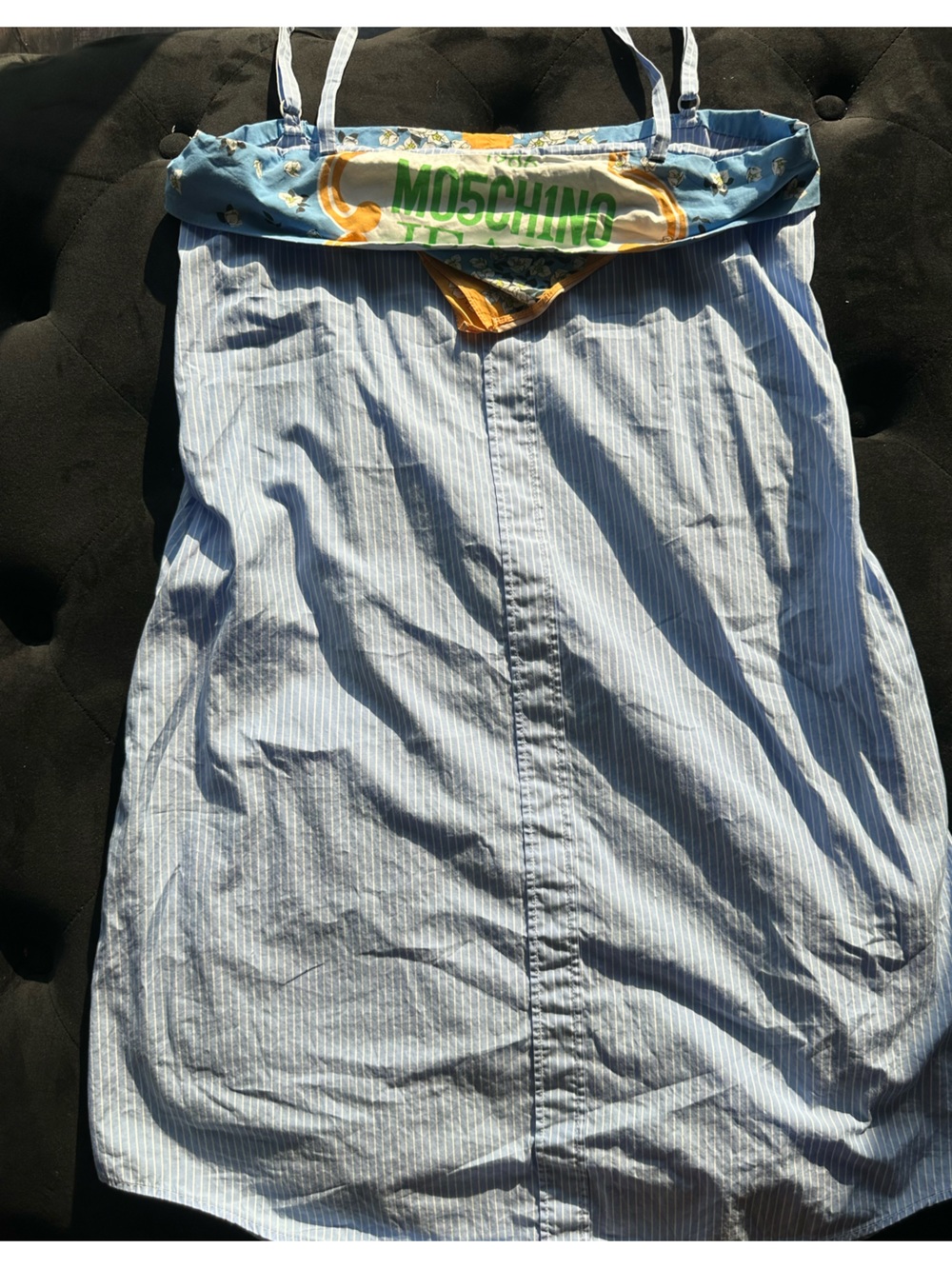 Moschino Blue and White Pinstripe Spaghetti Strap Dress with Branded Band